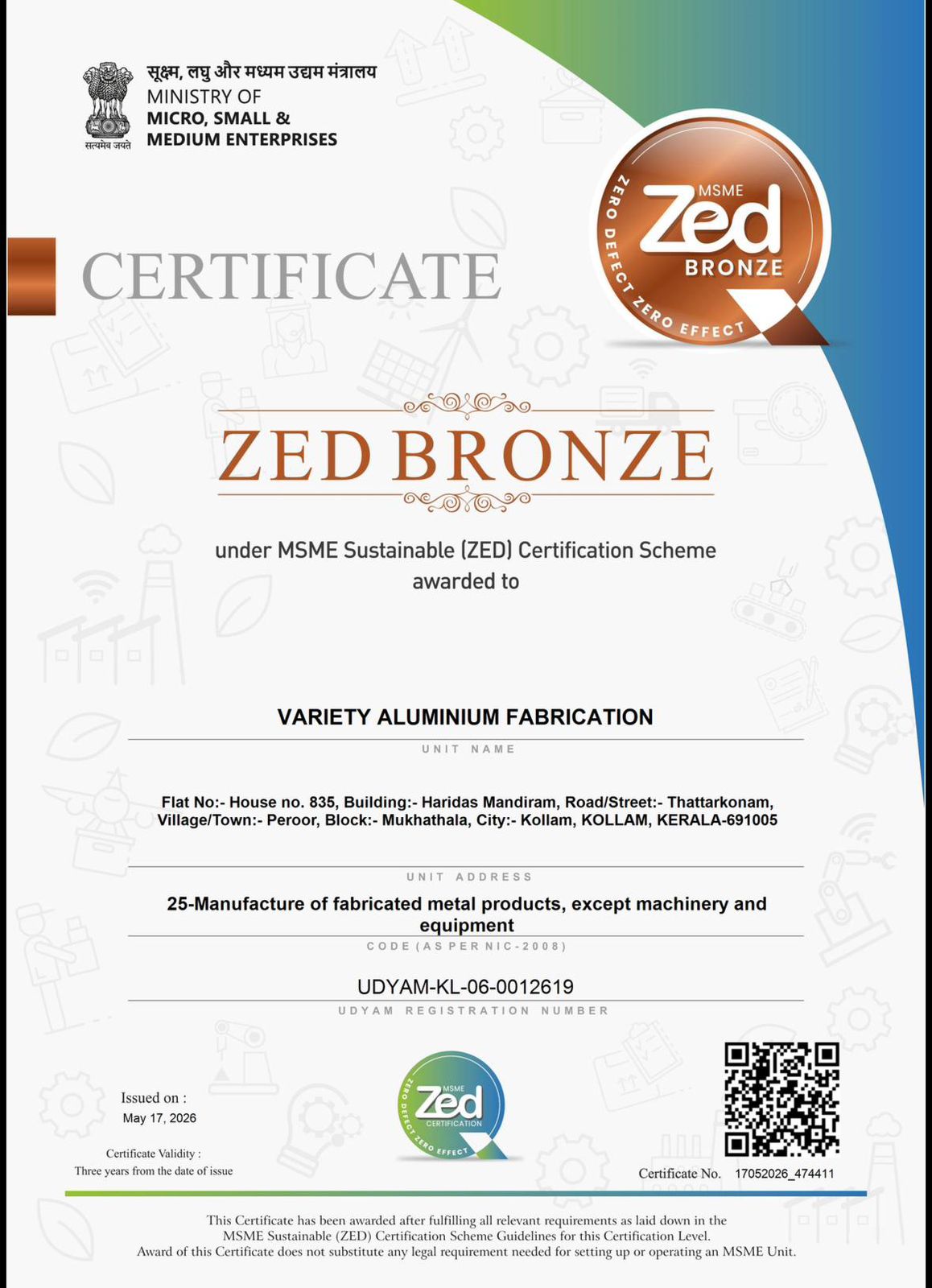 ZED Bronze Certificate - Variety Aluminium Fabrication